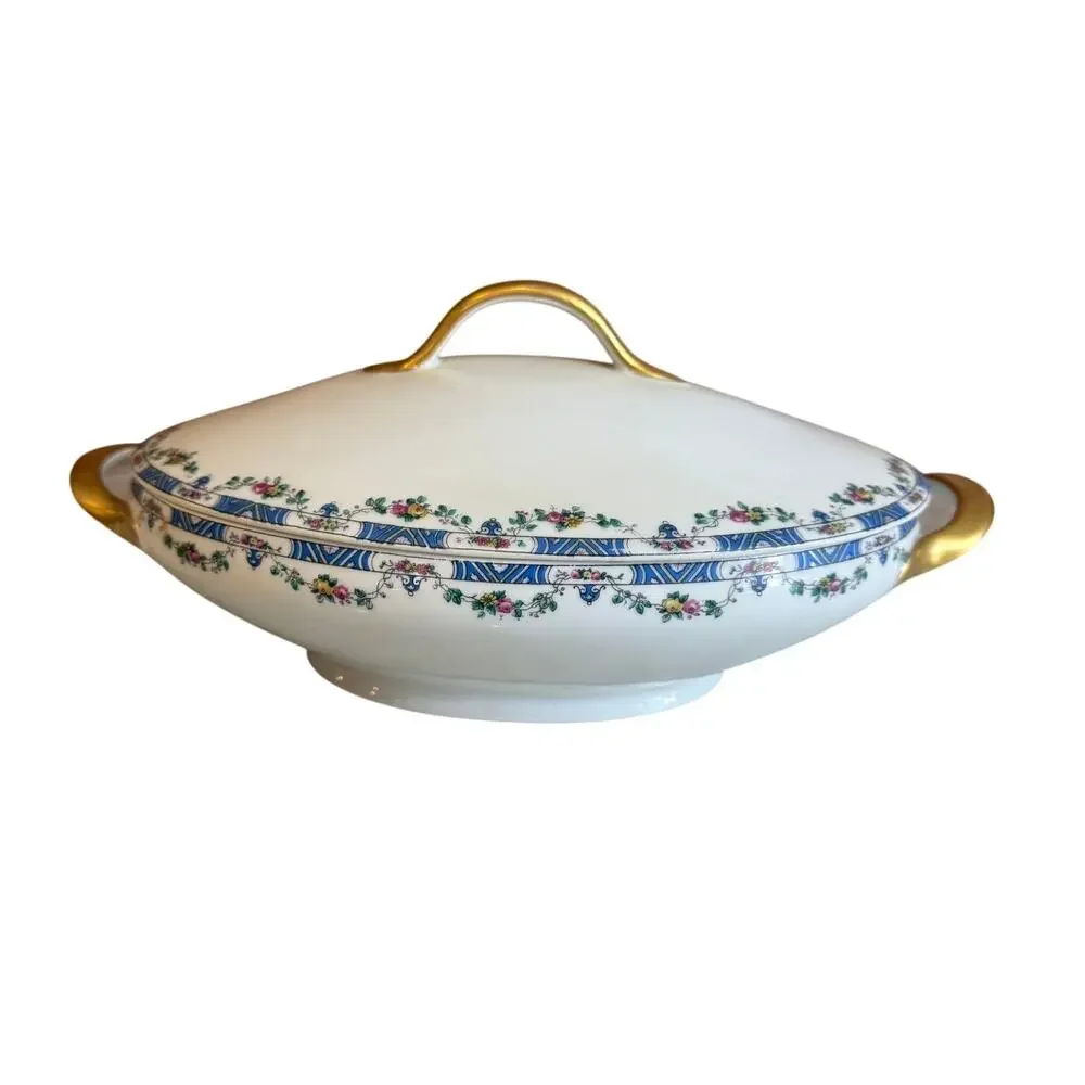 Vintage T&V Limoges France Oval Lidded Dish Blue Vine Pattern Gold Handles